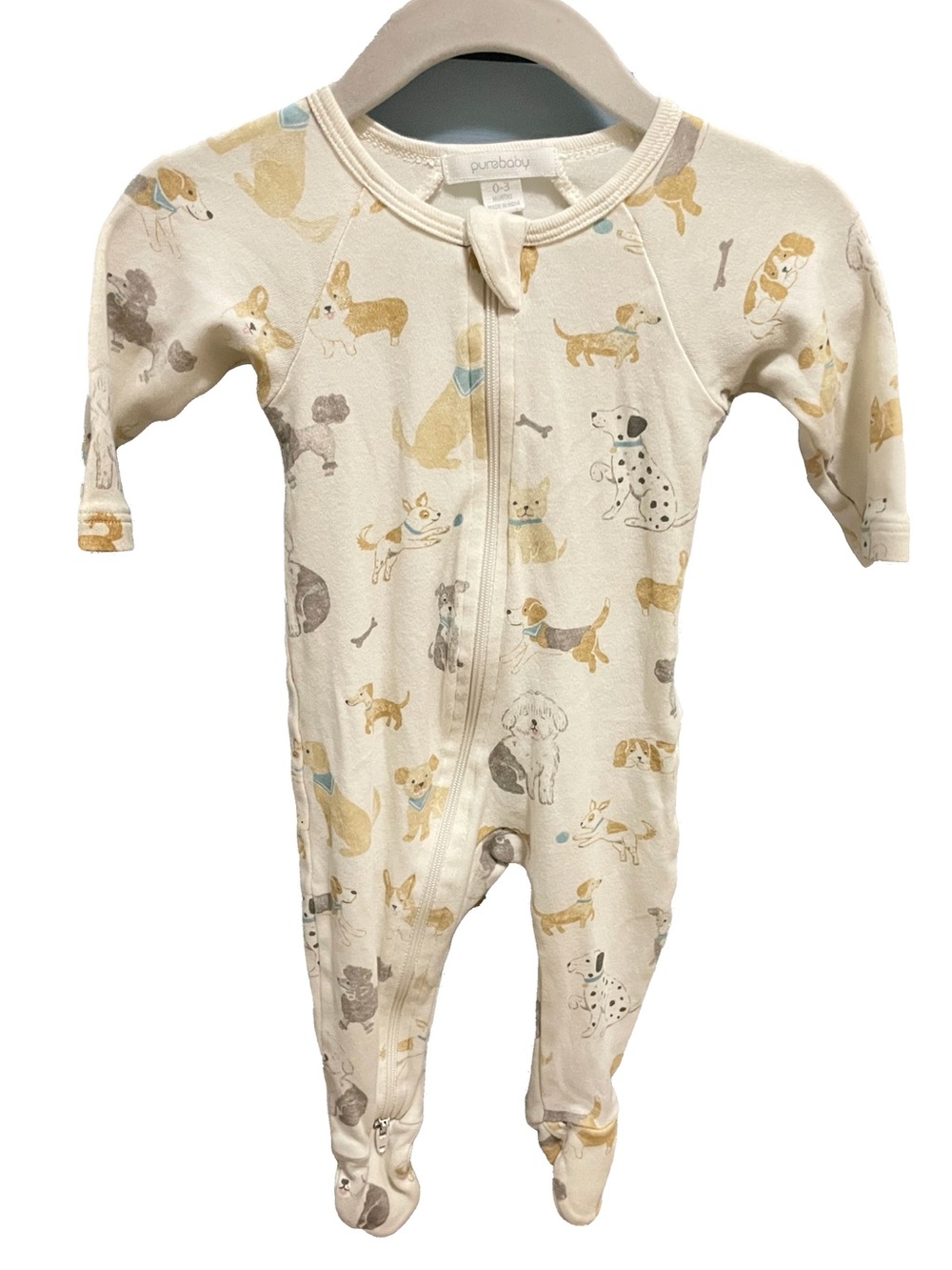 Purebaby Cream Footed One-Piece with Yellow and Gray Dog Print